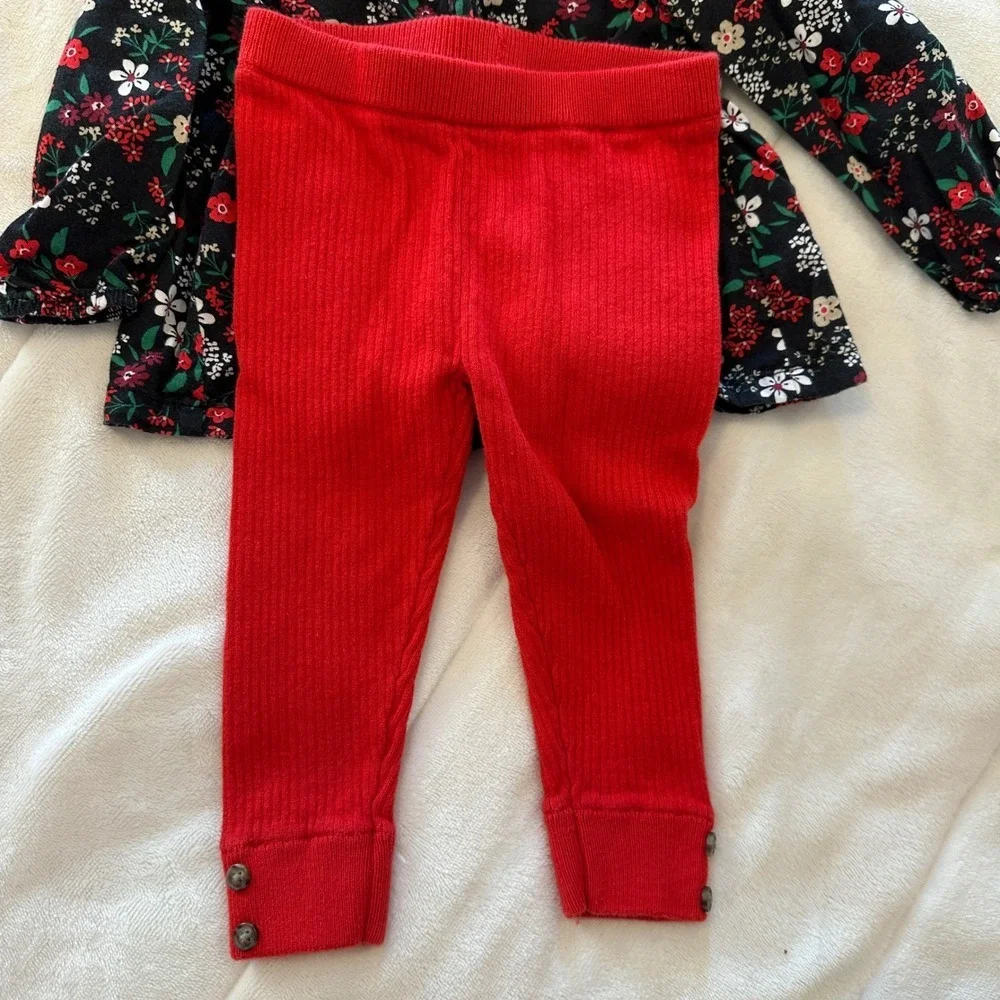 Carter's 18m Floral Print Button Front Shirt & Red Ribbed Leggings Set Baby Girl